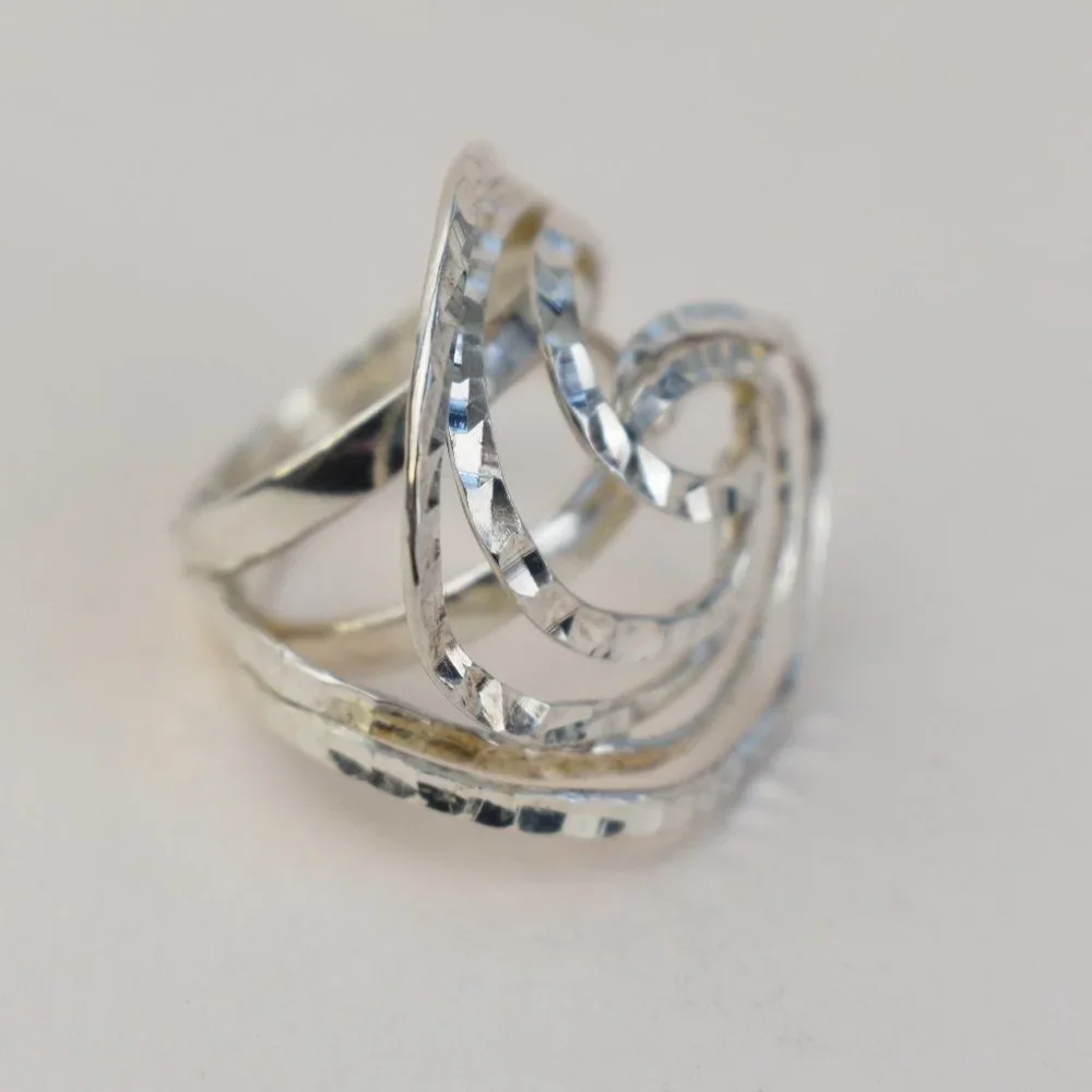 Bold extravagant silver ring for women, unusual large stoneless ring size 6 US